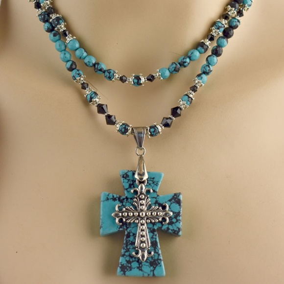 Heavy Matrix Double Layer Turquoise Cross Necklace - Picture 4 of 4